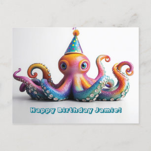 Cartão Postal Polvo de Festa - Design de Aniversário Fofo 