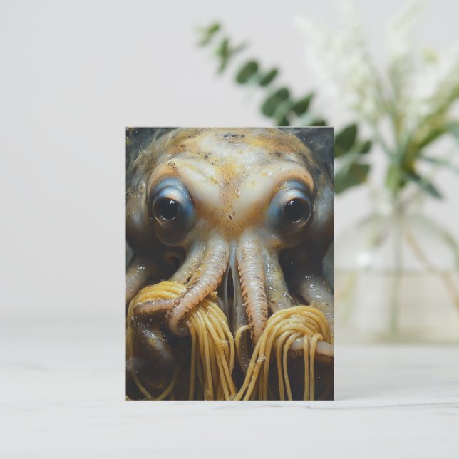 Cartão Postal Polvo Engraçado Comendo Espaguete (Em pé/Frente)