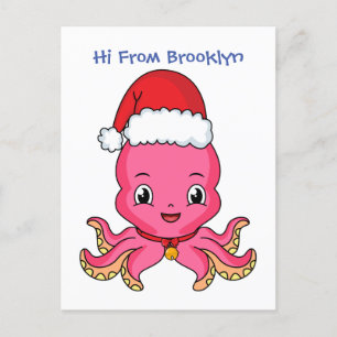 Cartão Postal Polvo fofo e feliz usando chapéu de Natal desenho 