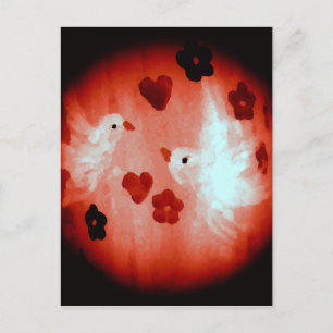 Cartão Postal Pombas Brancas de Amor Corações Vermelhos
