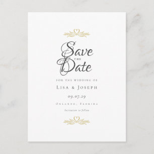 Cartão Postal Pombas Douradas e Coração Save the Date em Letra E