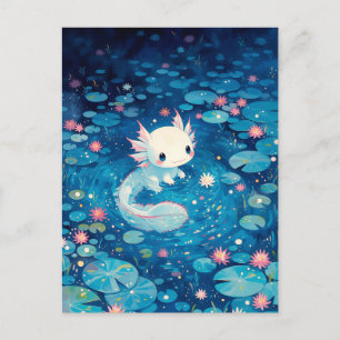 Cartão Postal Pond de Axolote Kawaii Indigo Midnight Glow