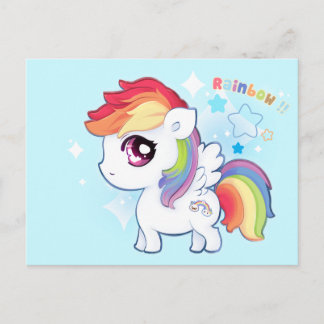 Cartão Postal pônei giro do arco-íris Kawaii com estrelas brilha
