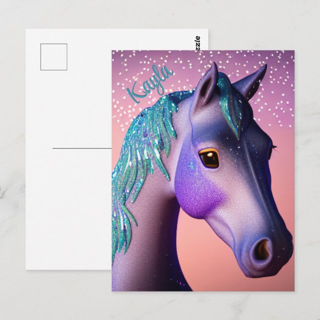 Cartão Postal Pôneo Mágico em Roxo e Teal com Nome Personalizado (Frente/Verso)