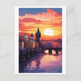 Cartão Postal Ponte Carlos de Praga Pôr do Sol Viagem Vintage