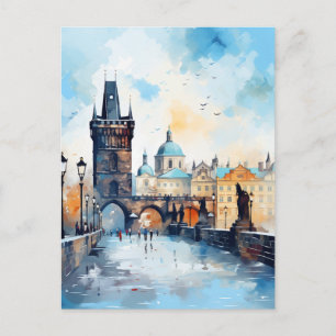 Cartão Postal Ponte Carlos Praga Pôr do Sol Aquarela Viagem