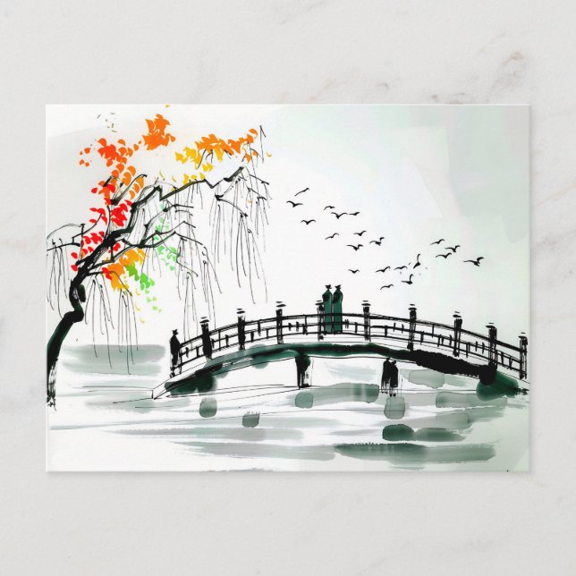 Cartão Postal Ponte de um Lago em um Jardim Tranquilo (Frente)