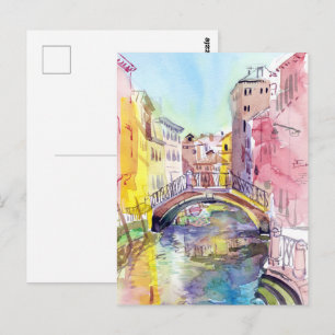 Cartão Postal Ponte do Canal de Veneza em Rosa e Amarelo