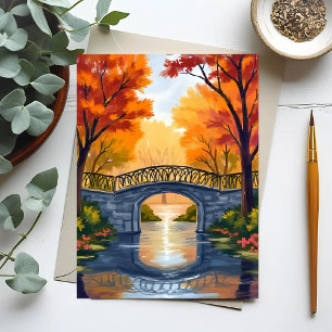 Cartão Postal Ponte do Parque de Outono Aquarela de Folhagem d