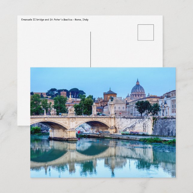 Cartão Postal ponte Emanuele II e Basílica de São Pedro - Roma (Frente/Verso)