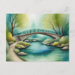 Cartão Postal Ponte sobre uma pintura em aquarela de rio