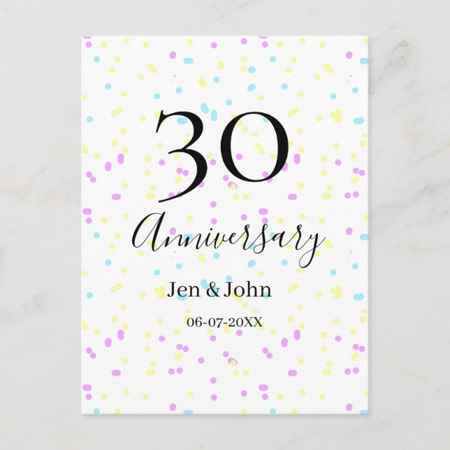 Cartão Postal Pontos polka amarelo rosa azul nome de 30º anivers (Frente)