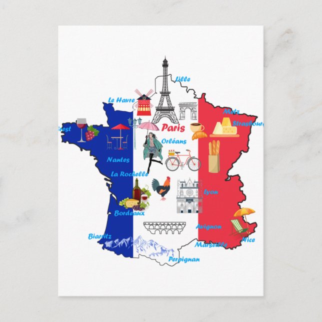 Cartão Postal Pontos turísticos do mapa da França (Frente)