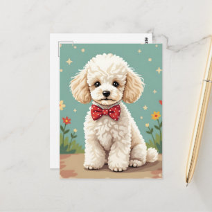 Cartão Postal Poodle branco adorável com gravata borboleta