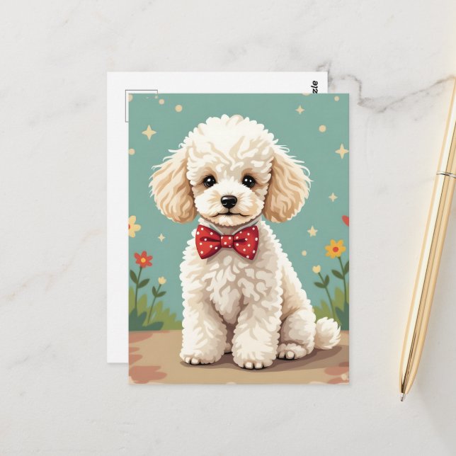 Cartão Postal Poodle branco adorável com gravata borboleta (Frente/Verso In Situ)
