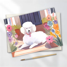 Cartão Postal Poodle Branco | Flores Aquarela de Cachorro Pet