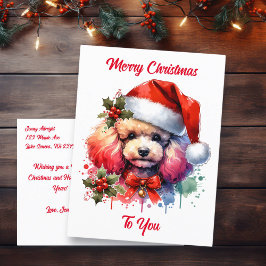 Cartão Postal Poodle de Aquarela Doce e Saudações de Natal