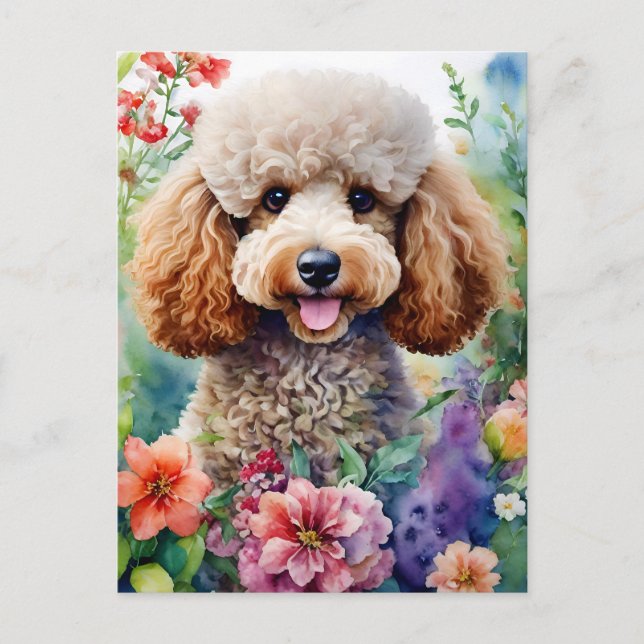 Cartão Postal Poodle Dog Watercolor Arte Floral (Frente)