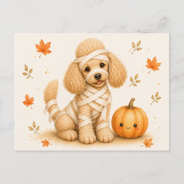 Cartão Postal Poodle Múmia Halloween (Frente)