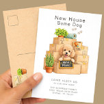 Cartão Postal Poodle New House Moving Announcement<br><div class="desc">Announce your move in a sweet and memorable way with this adorable Poodle moving announcement card featuring a cute curly-haired puppy peeking out from a stack of moving boxes holding a “We’ve Moved” sign. The soft watercolor illustration and cozy moving details make it perfect for dog lovers sharing their exciting...</div>