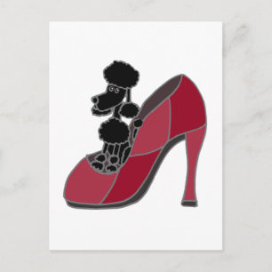 Cartão Postal Poodle Preto Sentado num Sapato Rosa de Salto Alto