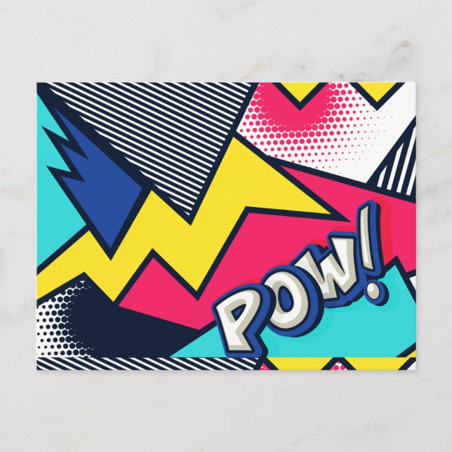 Cartão Postal Pop Art Pow! Padrão em magenta, azul e preto (Frente)