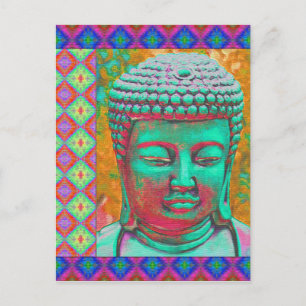 Cartão Postal Pop Buda com bordas de retalhos em azul e rosa