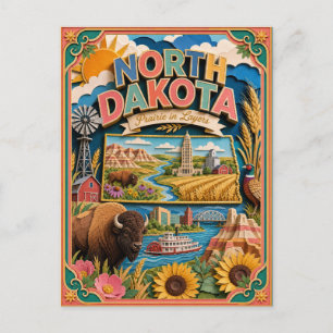 Cartão Postal PopCut Estados Dakota do Norte Arte Colorida em Pa