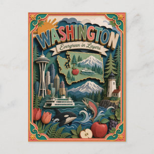 Cartão Postal PopCut Estados de Washington Colorida Arte em Pape