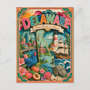 Cartão Postal PopCut Estados Delaware Arte Colorida em Papel 3D