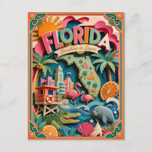 Cartão Postal PopCut Estados Florida Colorida Arte em Papel 3D