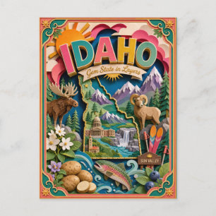 Cartão Postal PopCut Estados Idaho Colorida Arte em Papel 3D