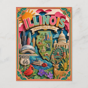 Cartão Postal PopCut Estados Illinois Arte Colorida em Papel 3D