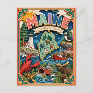 Cartão Postal PopCut Estados Maine Arte Colorida em Papel 3D