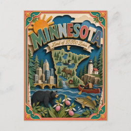 Cartão Postal PopCut Estados Minnesota Arte Colorida em Papel 3D