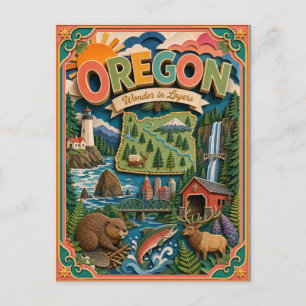 Cartão Postal PopCut Estados Oregon Arte Colorida em Papel 3D