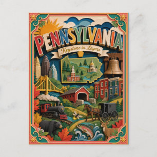 Cartão Postal PopCut Estados Pennsylvania Arte Colorida em Papel
