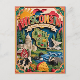 Cartão Postal PopCut Estados Wisconsin Arte Colorida em Papel 3D