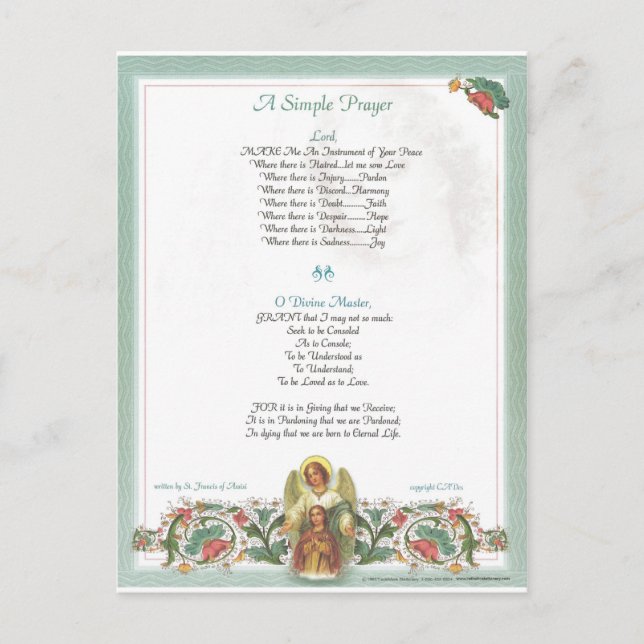 Cartão Postal pope francis=rua. francis simples oração=anjo (Frente)