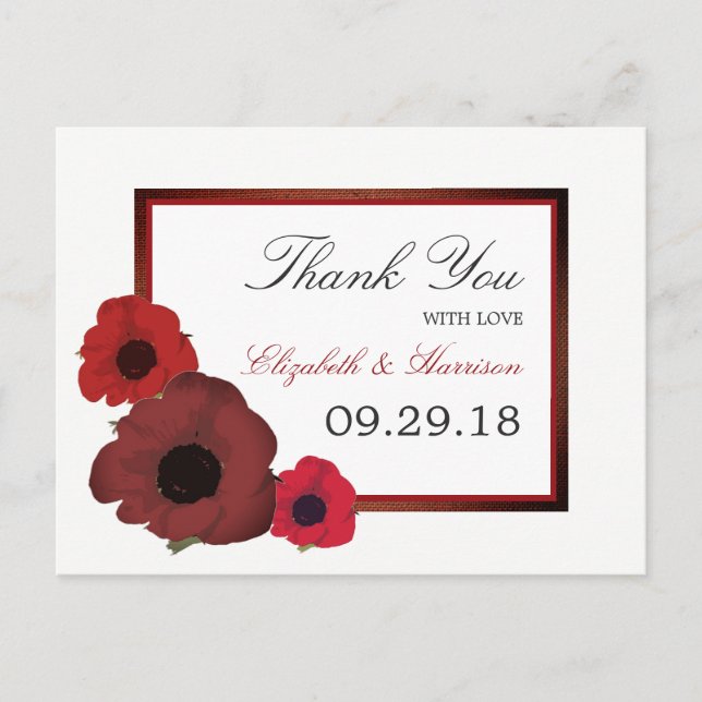 Cartão Postal Poppies Vermelhos e Casamento Burlap Obrigado (Frente)