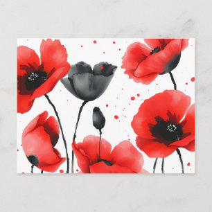 Cartão Postal Poppies Vermelhos e Pretos Vibrantes em Aquarela
