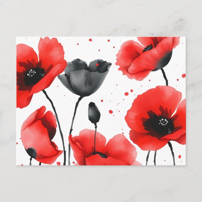 Cartão Postal Poppies Vermelhos e Pretos Vibrantes em Aquarela (Frente)