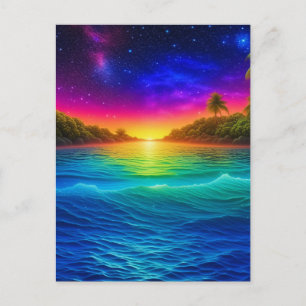 Cartão Postal Pôr do sol colorido no oceano tropical com palmeir