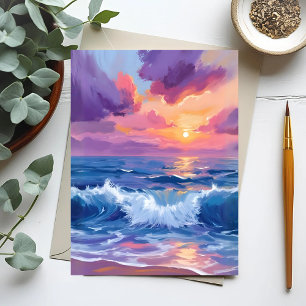 Cartão Postal Pôr do sol com rubor roxo Aquarela de água com b