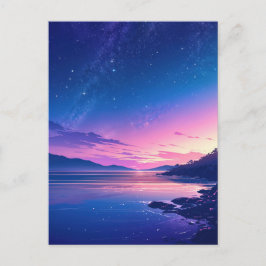 Cartão Postal Pôr do Sol Costeiro de Noite Estrelada Vibrante