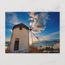Cartão Postal Por do sol do moinho de vento de Mykonos, piscina