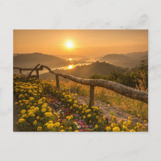 Cartão Postal Pôr do Sol Dourado Sobre Colinas Floridas 
