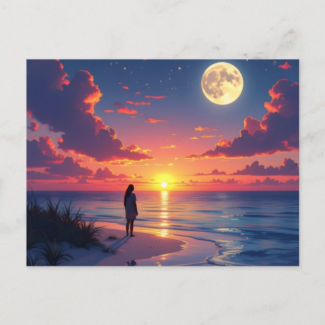 Cartão Postal Pôr do sol e lua nascente (Frente)