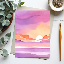 Cartão Postal Pôr do sol em aquarela rosa | Céu oceânico lindo