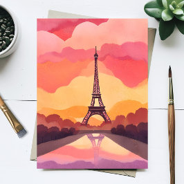 Cartão Postal Pôr do Sol em Paris | Torre Eiffel França Aquarela